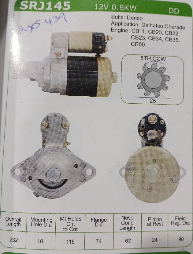 SRJ145 STARTER MOTOR 12V 8TH CW Diahatsu Charade NOS