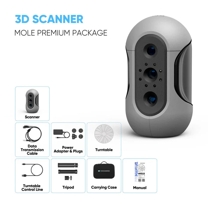 3DMakerpro Mole Handheld 3D Scanner 0.05mm Accuracy With Turntable, Color Kit▏