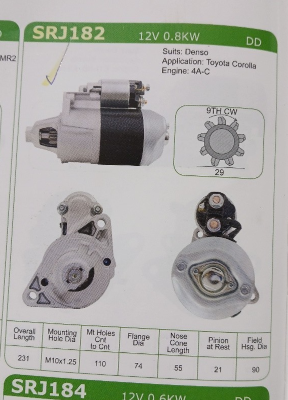 SRJ182 STARTER MOTOR 12V 9TH CW Denso type Toyota NOS - Image 3