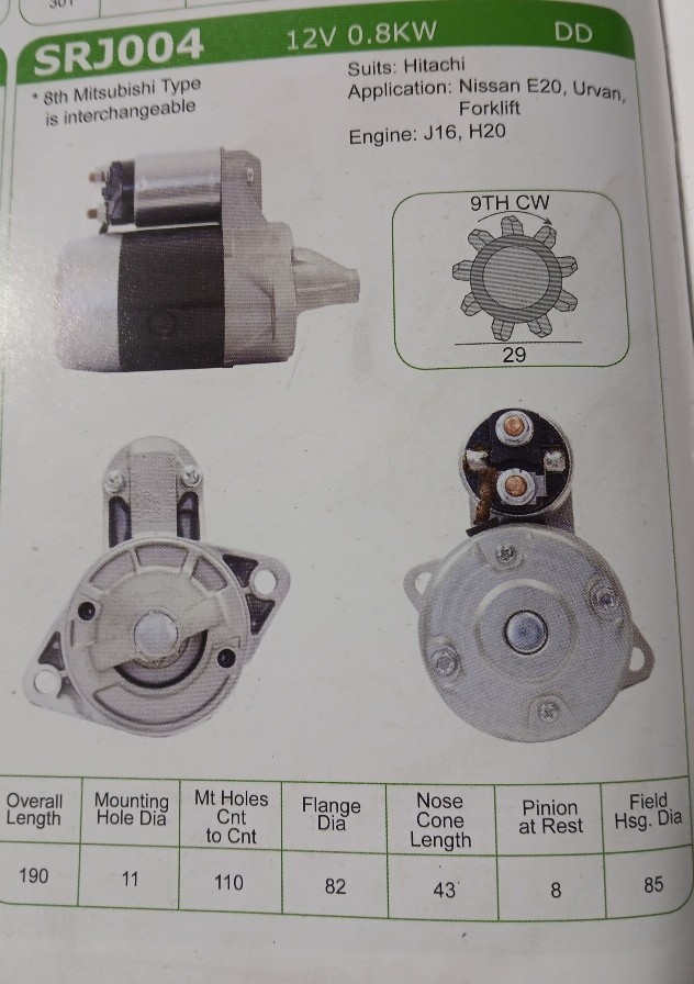SRJ004 STARTER MOTOR 12V 9TH CW Hitachi STYLE NOS - Image 3